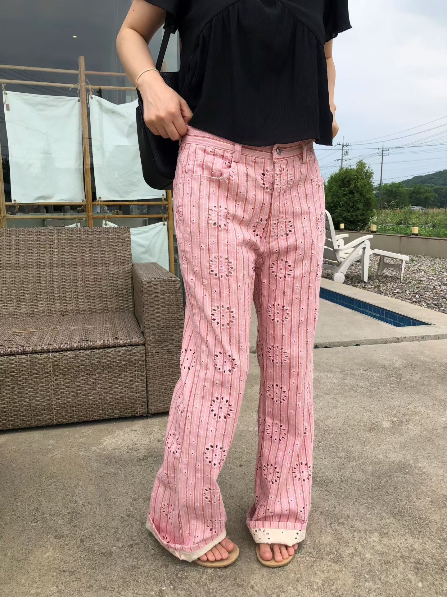 洞洞花直紋喇叭長褲
