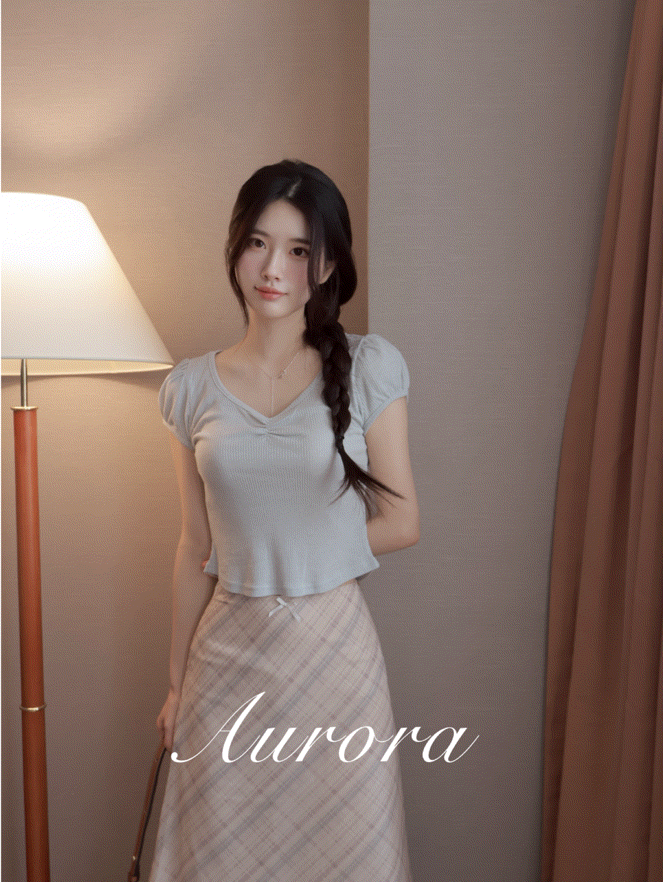 ［48h快速出貨⚡］AURORA 輕透柔紡蝴蝶結格紋中長裙