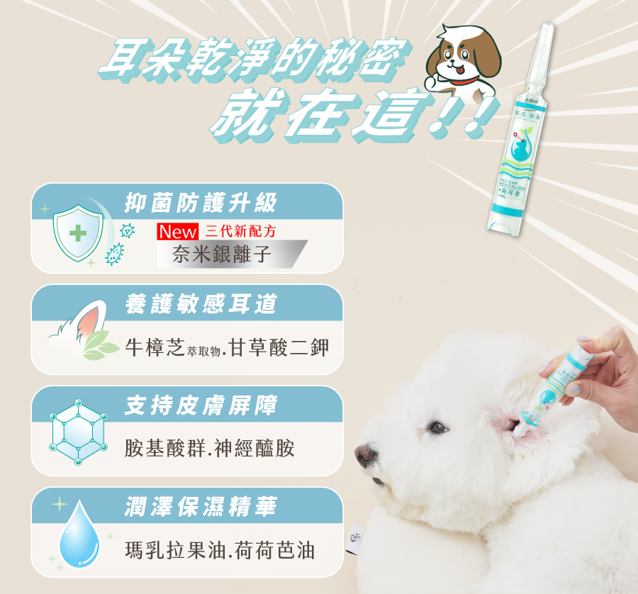 歸毛家族萌耳靈升級奈米銀離子與牛樟芝萃取，添加神經醯胺與荷荷芭油，全面養護寵物敏感耳道並支持皮膚屏障。