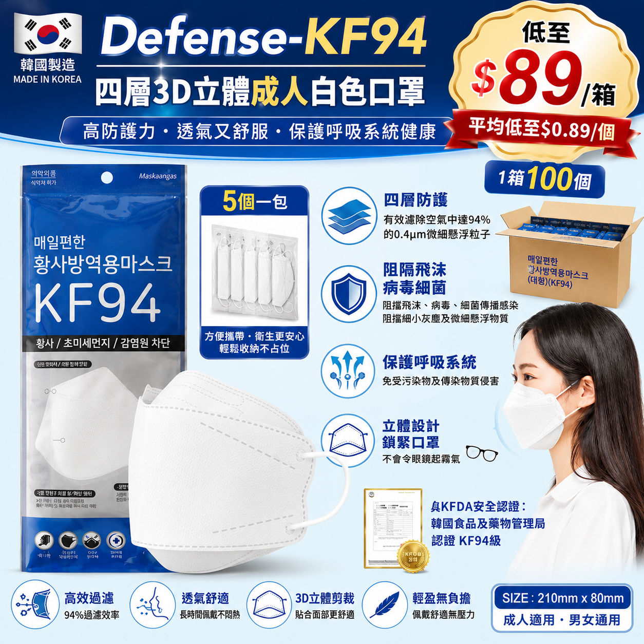 【UB9930】韓國Defense-KF94四層3D立體白色成人口罩 (1箱100個)