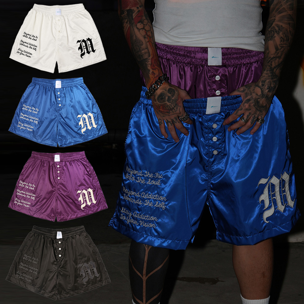 MTA CLESSIC MESH SHORTS 黑 藍 紫 白 刺繡 復古 光澤 緞面 短褲【M26SSST】