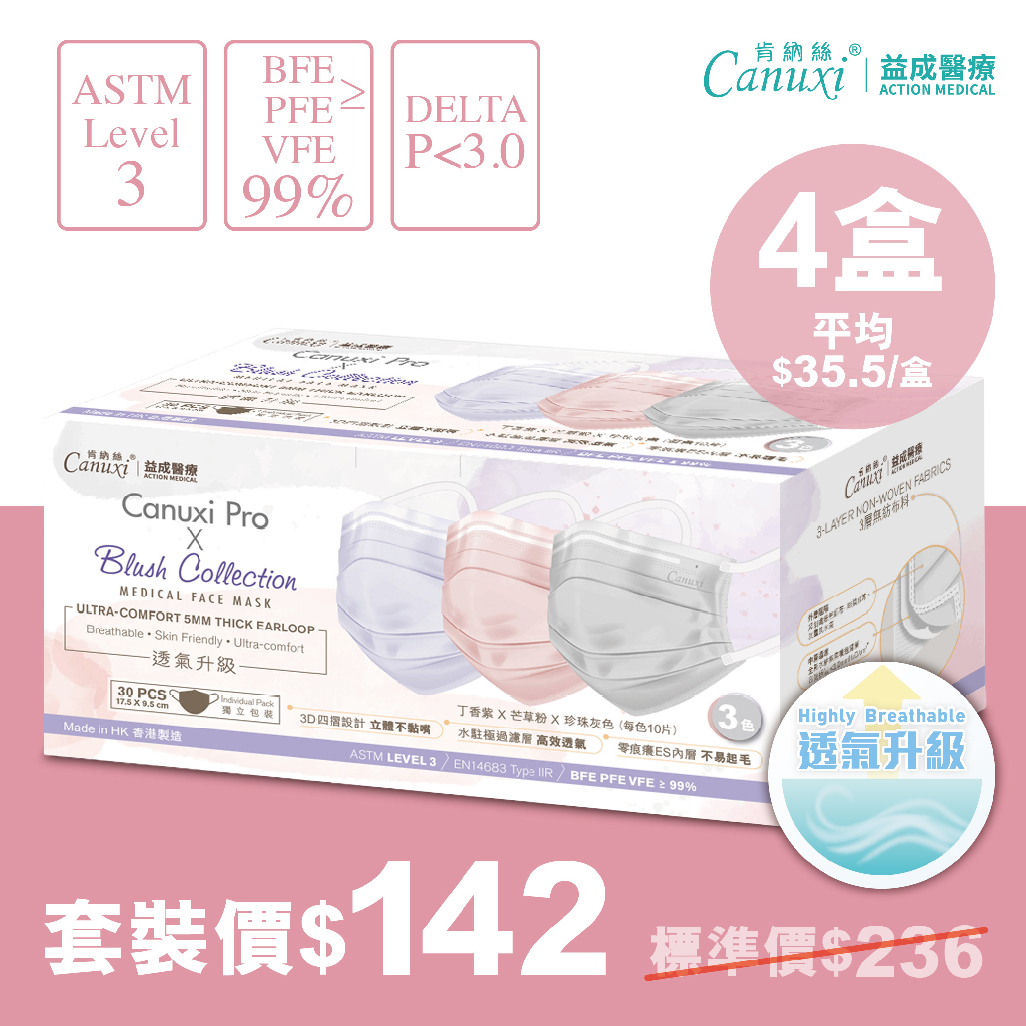 【網店周年慶限定】4盒 X 香港製 - Canuxi Blush 高透氣 3色外科耳掛式口罩 ASTM Level 3 (獨立包裝)