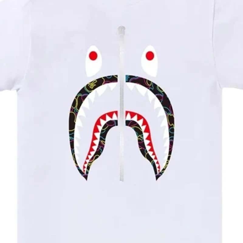 BAPE Neon Camo Shark Tee 男版 霓虹 線條 銀拉鍊鯊魚 短袖 白色 RAY-118 [台灣現貨]