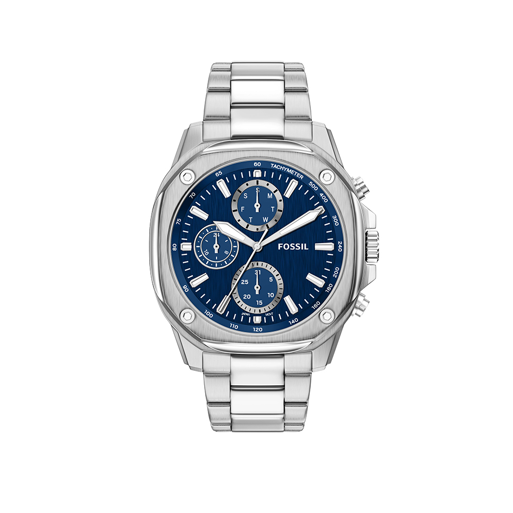 Gage 都會八角硬派銀燦湛藍三眼計時不鏽鋼鍊錶 銀色不鏽鋼錶帶 47 MM BQM7140