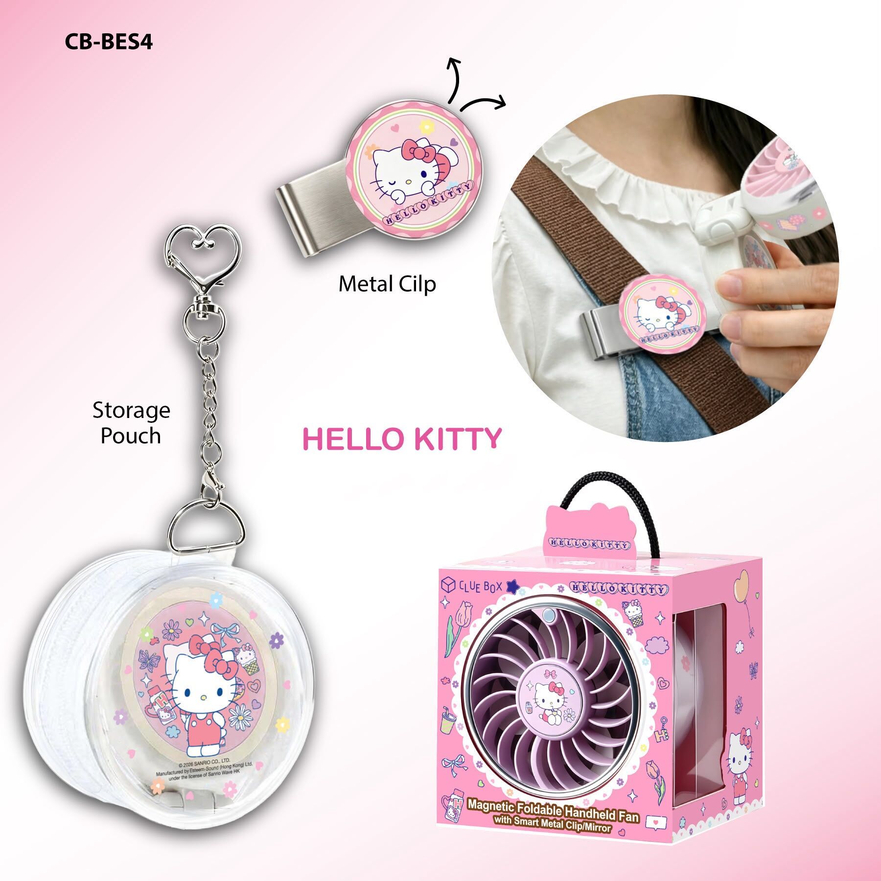 Clue Box Sanrio Character 磁吸摺疊手持風扇連智慧金屬夾/鏡面 – CB-BES4 T441  (2-3星期寄出）