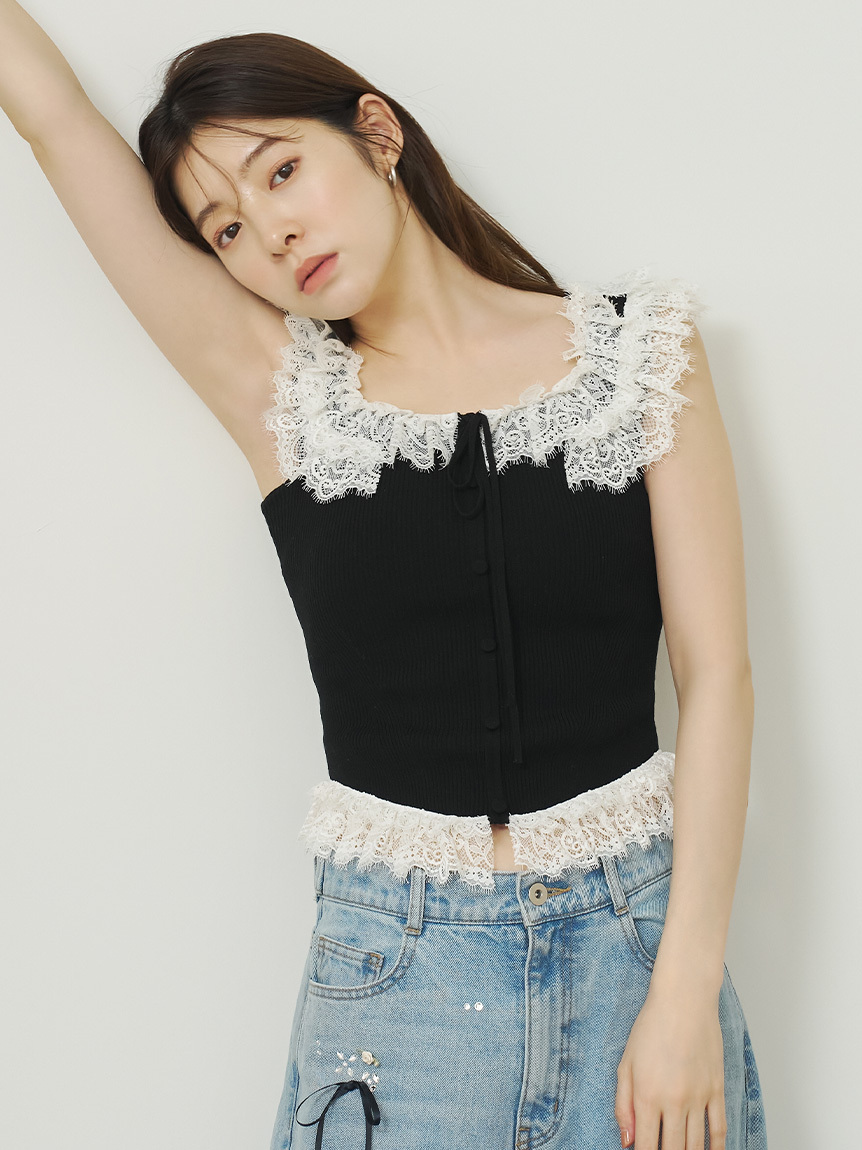 [預購]LILY BROWN 蕾絲荷葉邊針織上衣