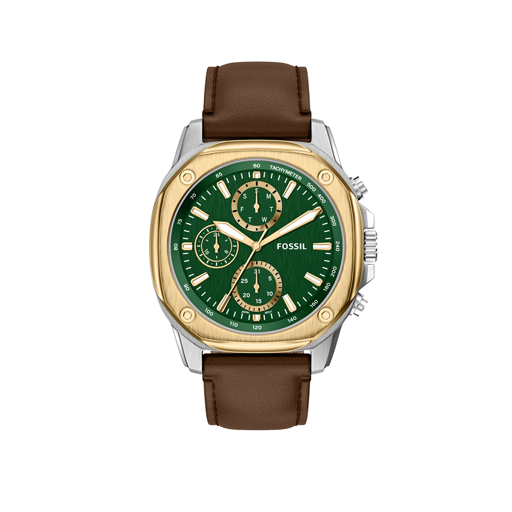 Gage 經典八角金圈英倫綠面三眼真皮腕錶 咖啡色真皮錶帶 47 MM BQM7144