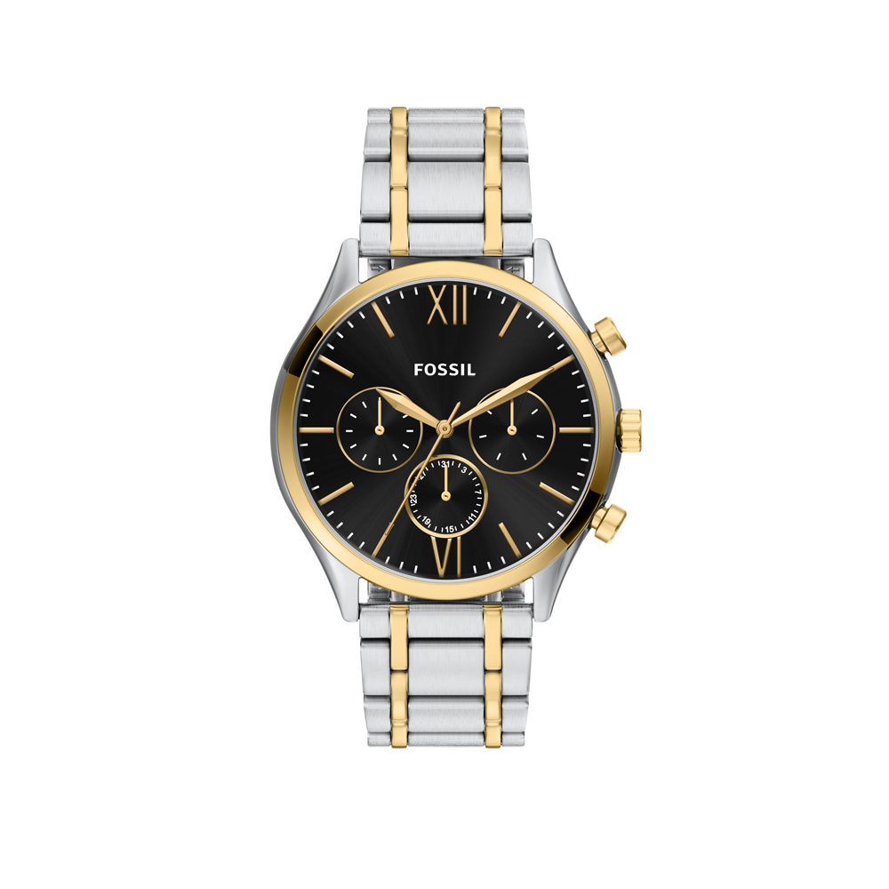 Fenmore 典雅雙色奢華黑盤羅馬三眼計時手錶 不鏽鋼錶帶 44 MM BQM7151