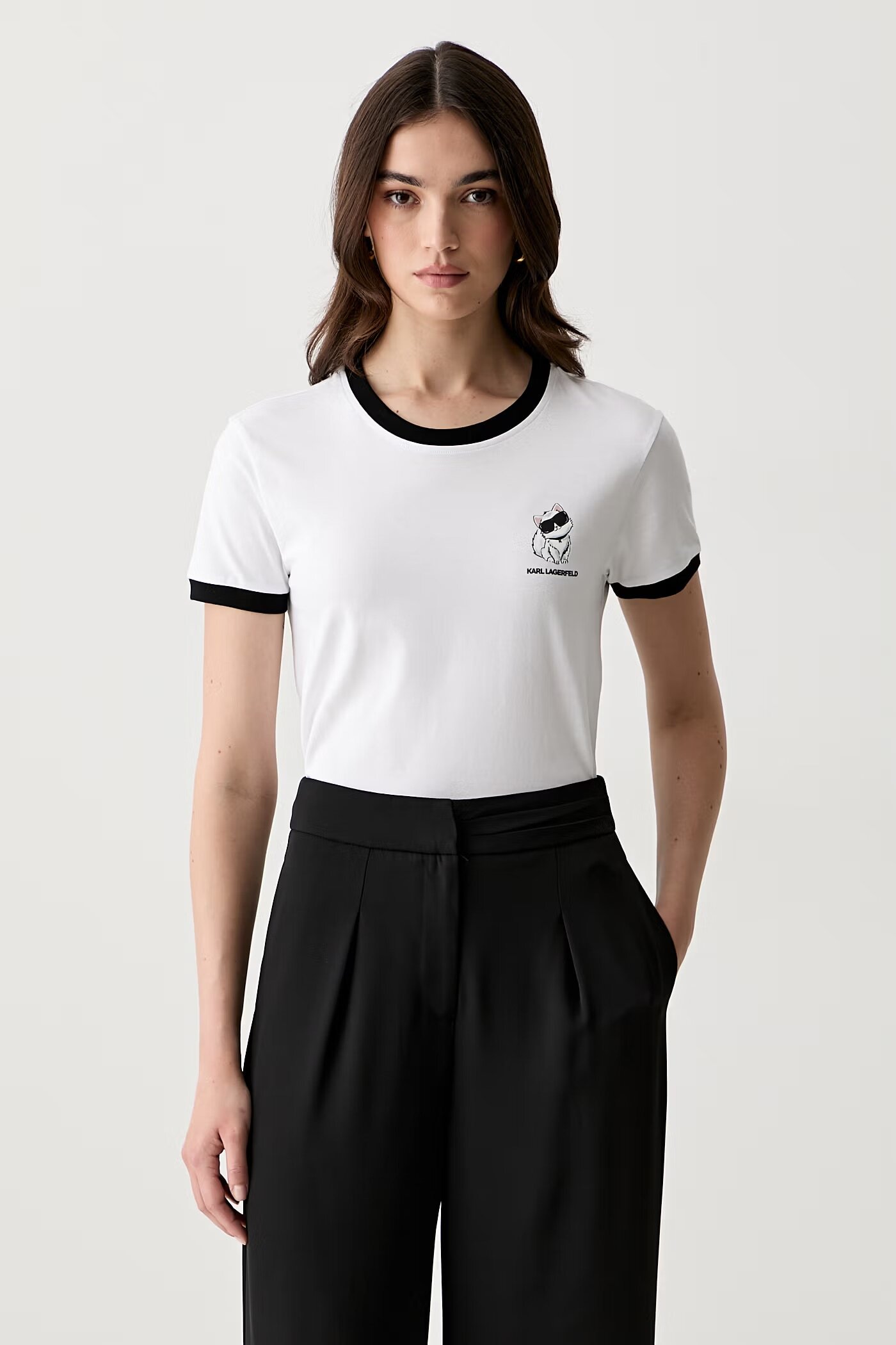 KARL LAGERFELD 背後Logo貓咪撞色滾邊T恤