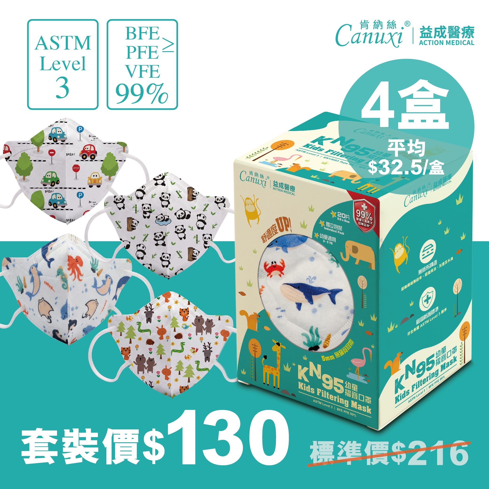 【網店周年慶限定】4盒 X 香港製 - Canuxi KN95 高透氣幼童摺疊印花口罩系列 (20片獨立包裝) *每圖案 X 1盒