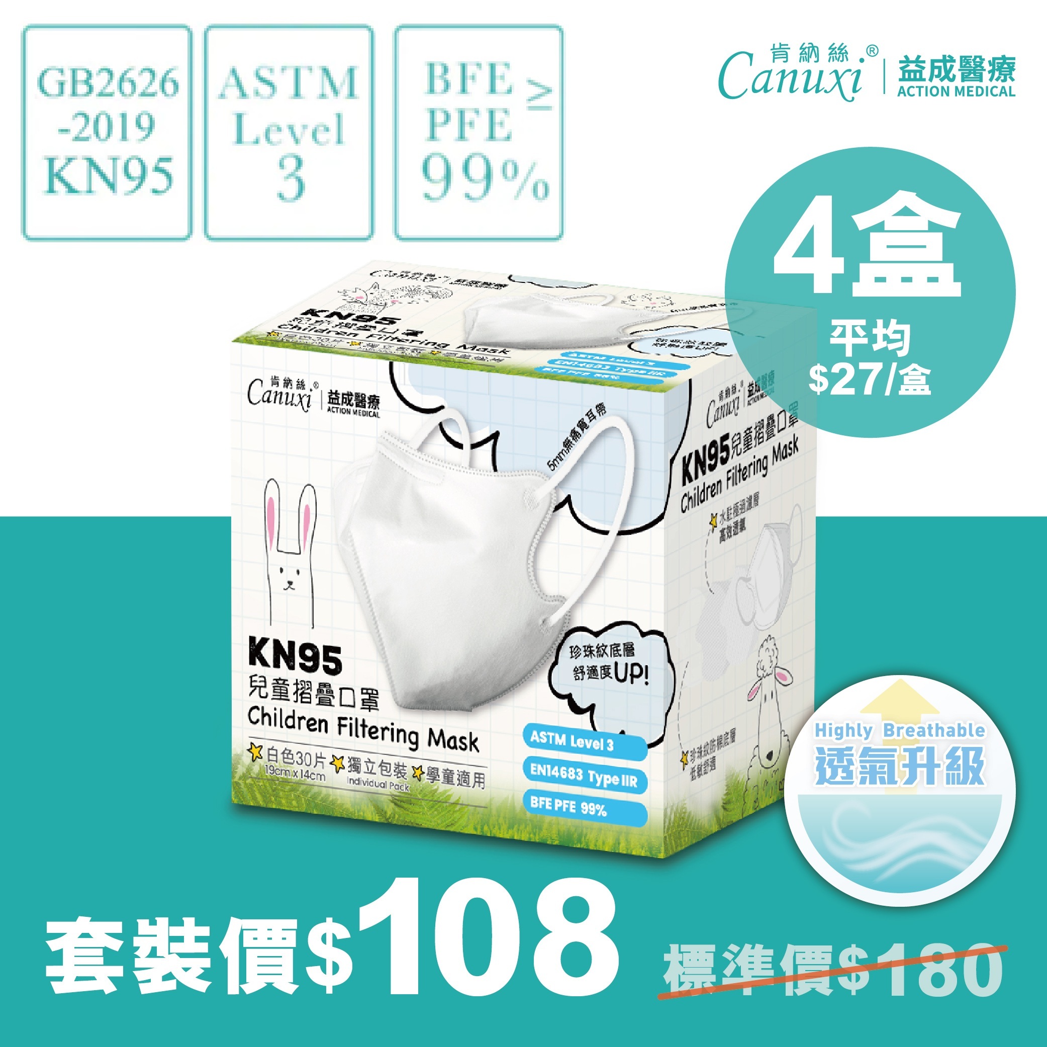 【網店周年慶限定】4盒 X KN95 白色兒童高透氣摺疊型口罩  (20片獨立包裝)