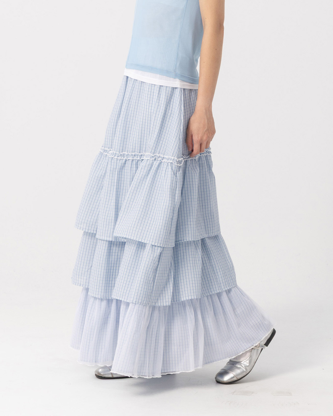 Plaid ruffled sheer patchwork tiered maxi dress, available in two colors.【03021779】in stock+pre-order