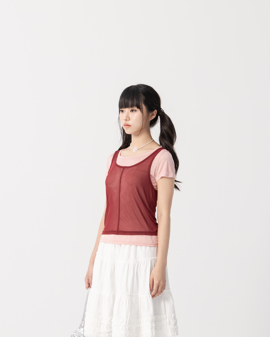 Simple two-piece sheer short-sleeved vest top - red【01140097】in stock+pre-order