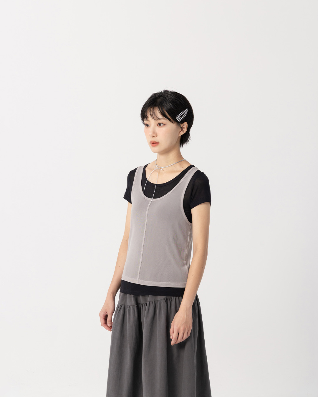 Simple two-piece sheer short-sleeved vest top - gray【01140096】in stock+pre-order