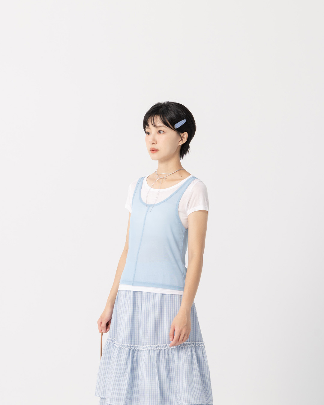 Simple two-piece sheer short-sleeved vest top - blue【01140095】in stock+pre-order
