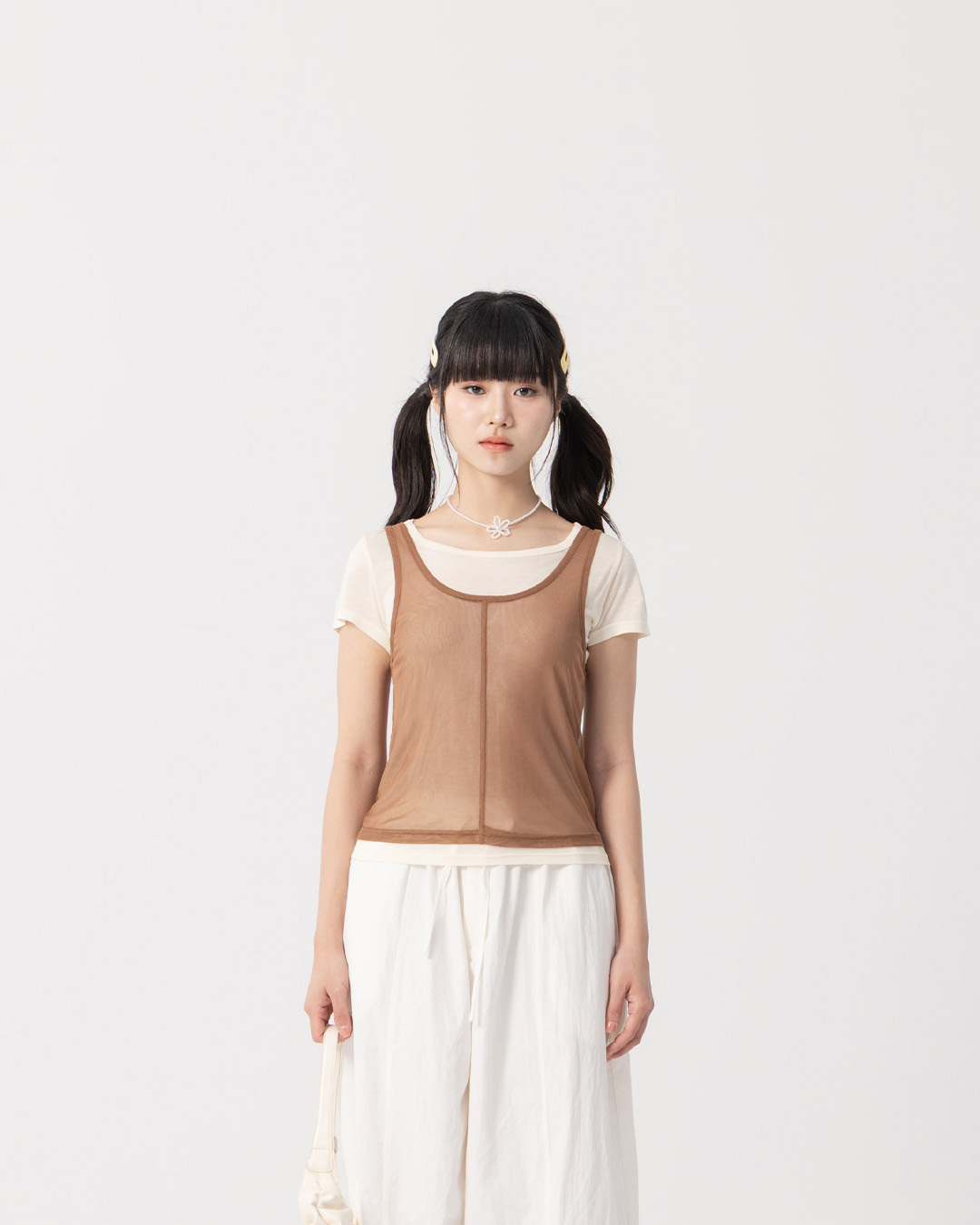 Simple two-piece sheer short-sleeved vest top - brown【01140094】in stock+pre-order