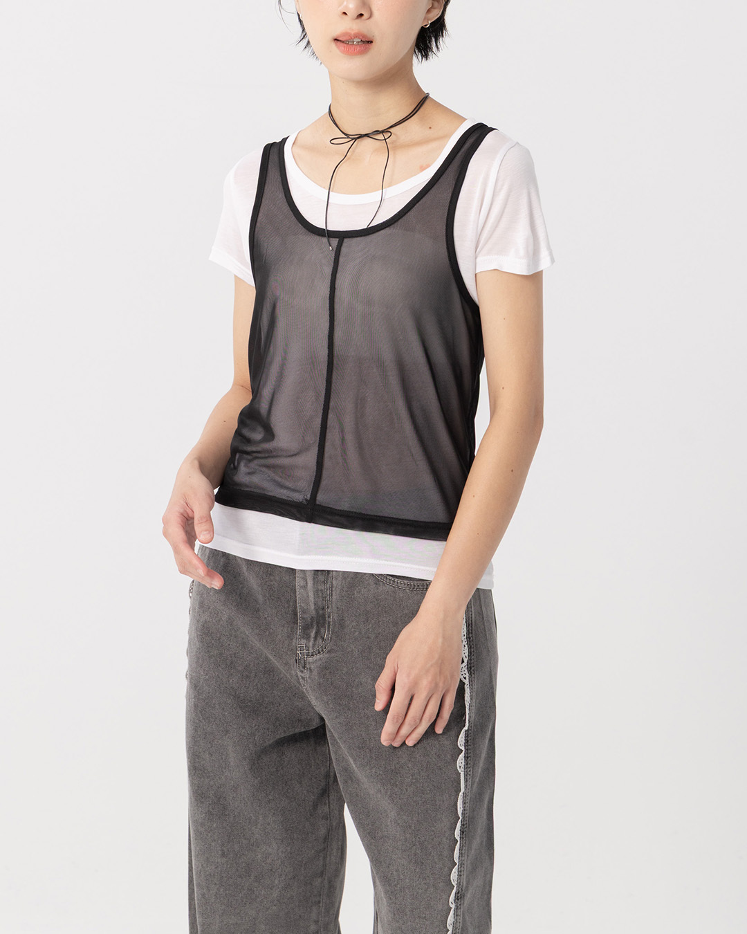 Simple two-piece sheer short-sleeved vest top - black【01140093】in stock+pre-order