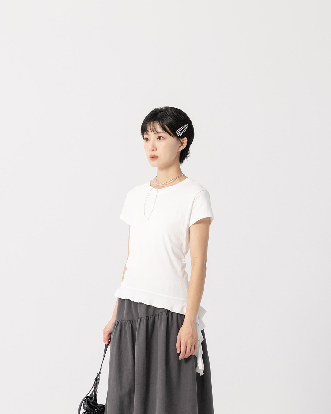 Short-sleeved top with ruffled hem, available in three colors【01099763】in stock+pre-order
