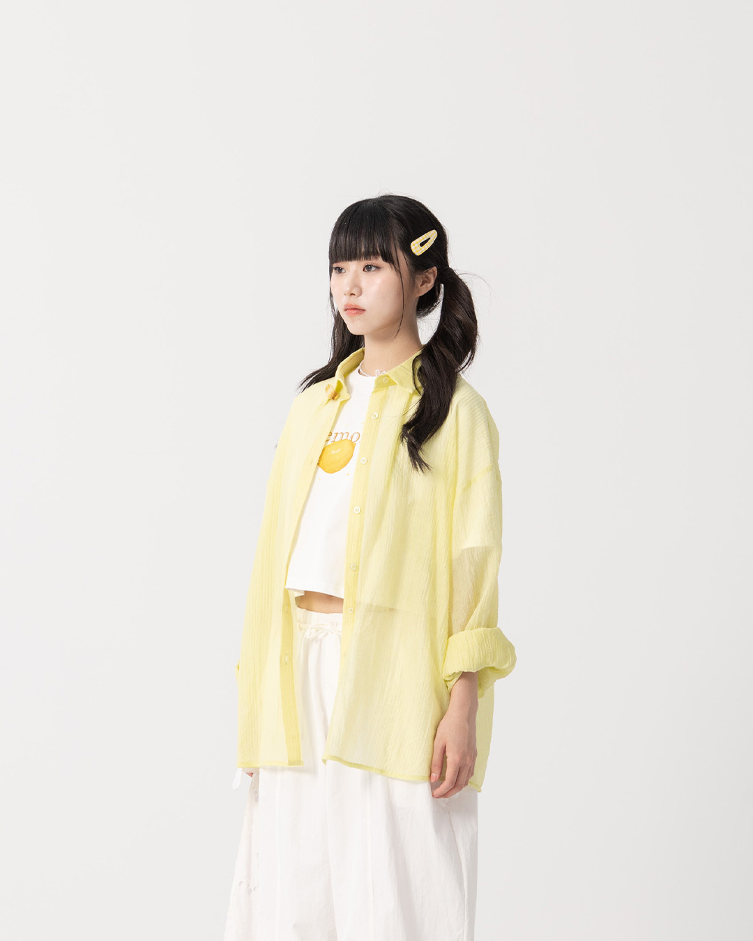 Wrinkled Textured Sheer Wide-Sleeve Shirt - Green【01025829】in stock+pre-order