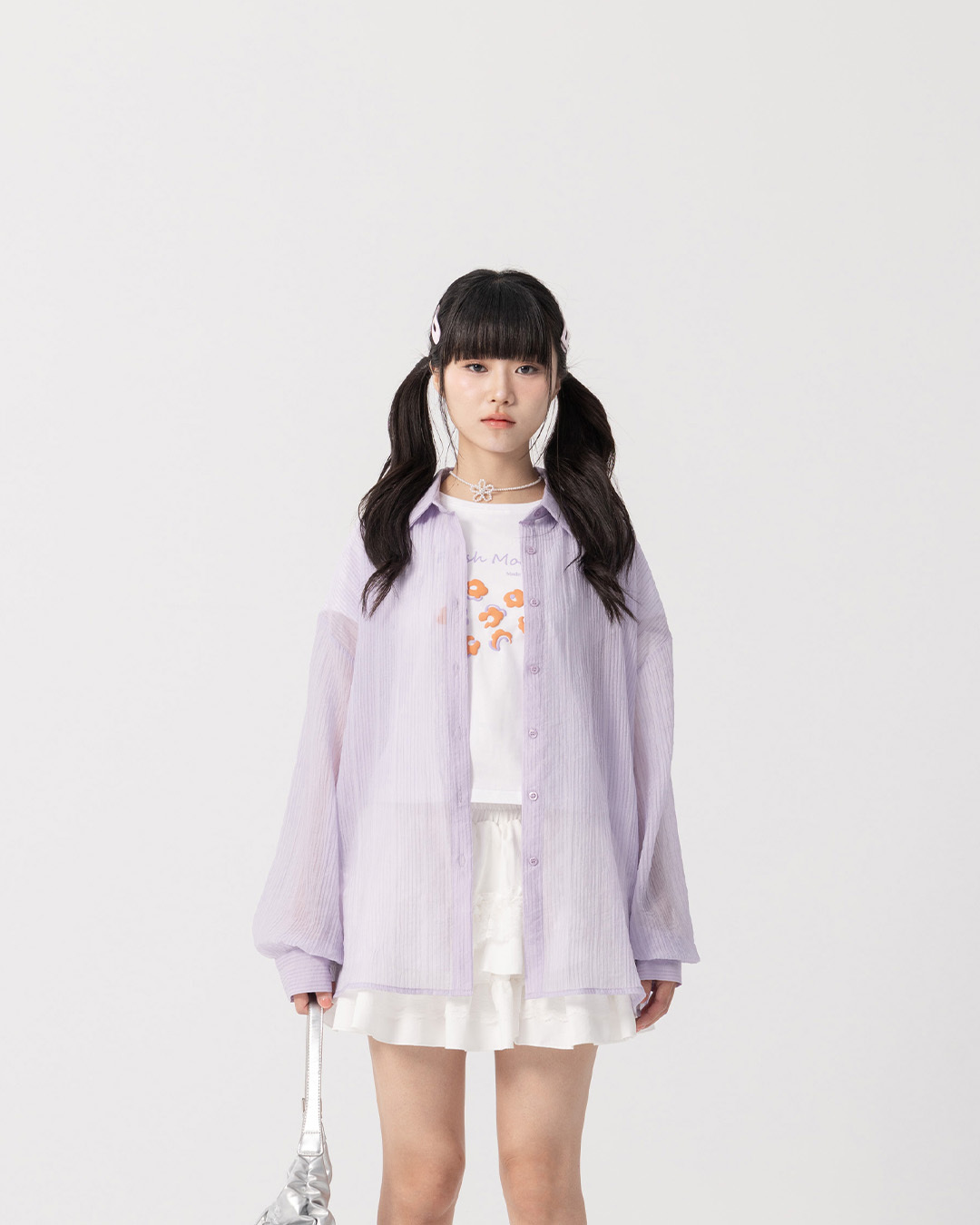 Wrinkled Textured Sheer Wide-Sleeve Shirt - Purple【01025828】in stock+pre-order