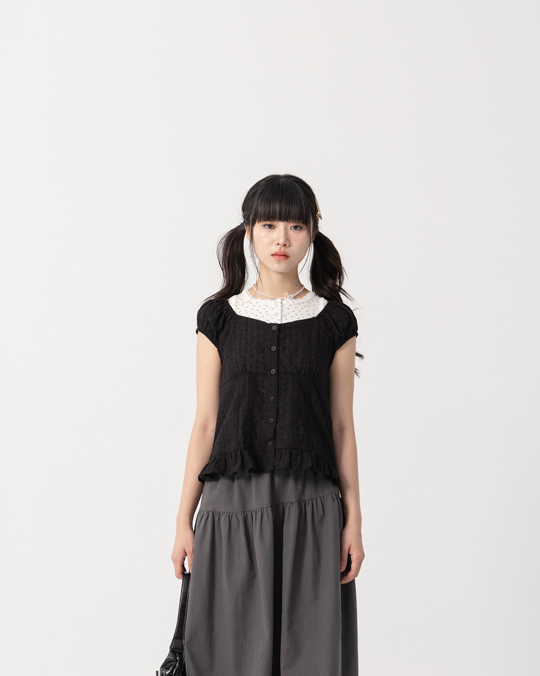 Lotus leaf jacquard button-down short-sleeved top, available in two colors.【01099701】in stock+pre-order