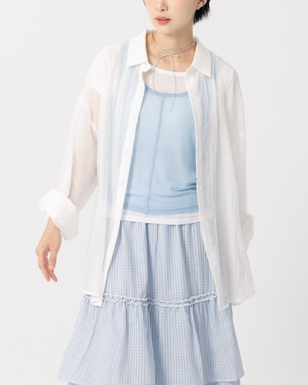 Wrinkled textured sheer wide-sleeved shirt - white【01025826】in stock+pre-order