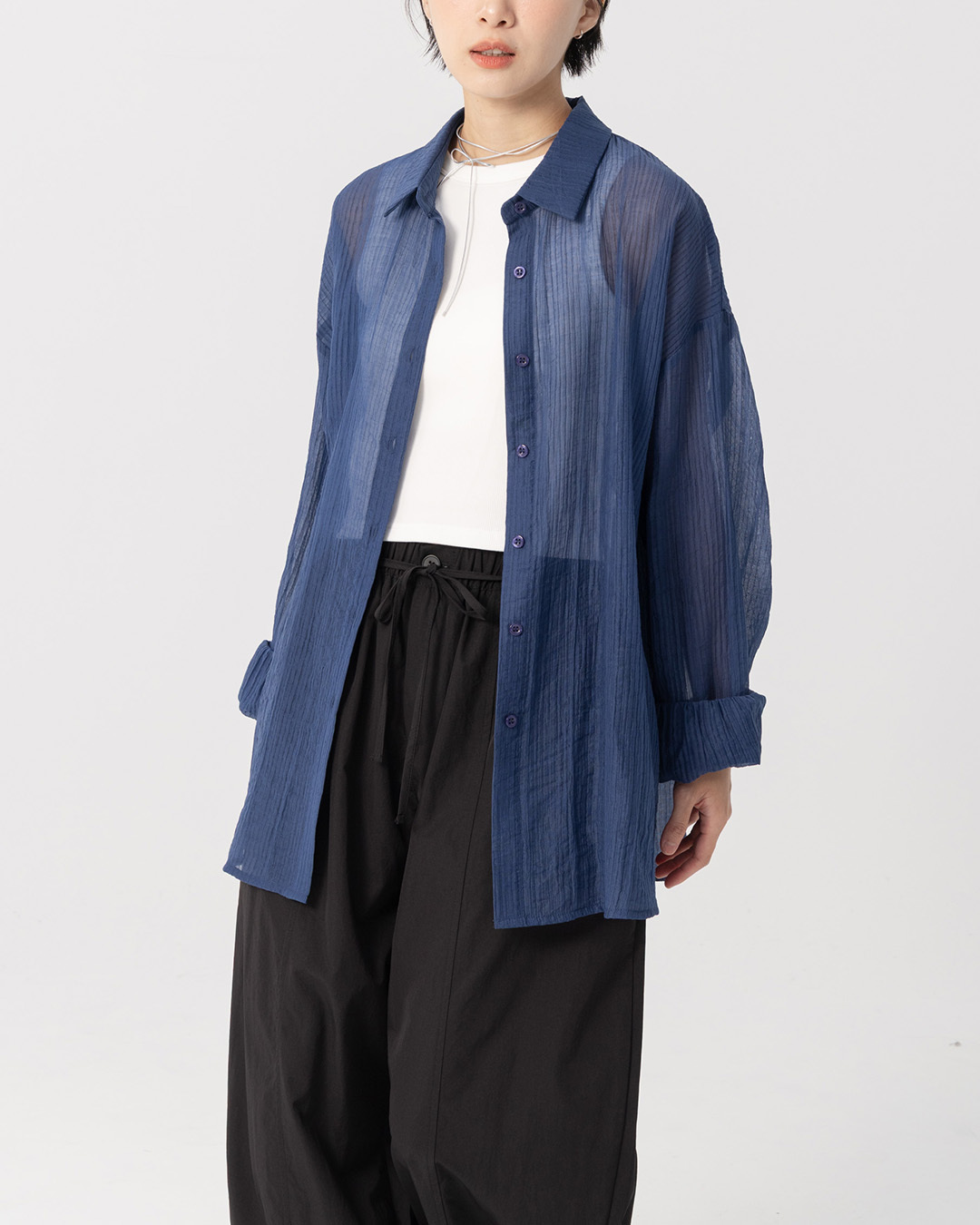Wrinkled textured sheer wide-sleeved shirt - dark blue【01025831】in stock+pre-order