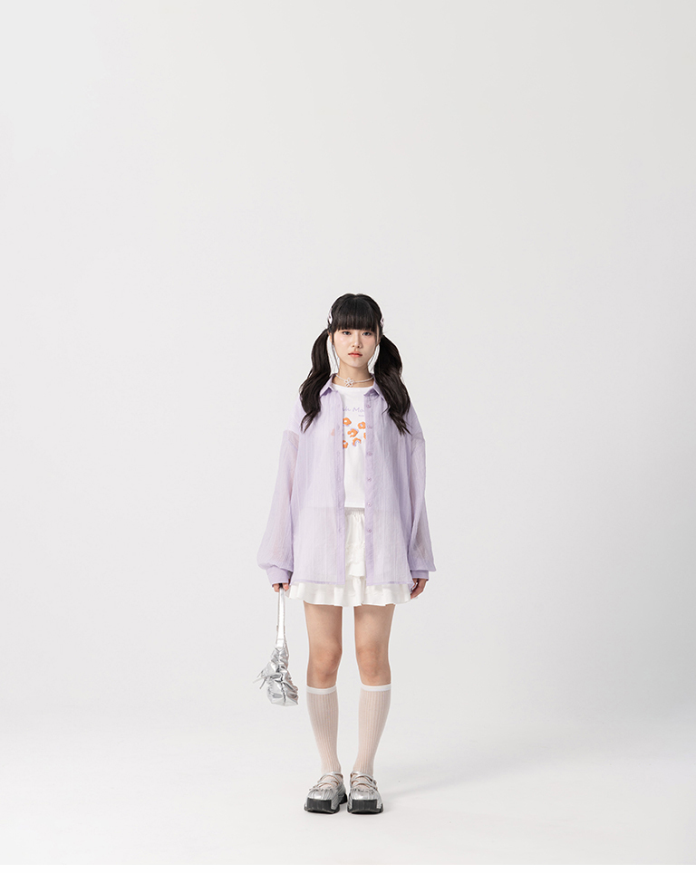 Wrinkled Textured Sheer Wide-Sleeve Shirt - Purple【01025828】in stock+pre-order