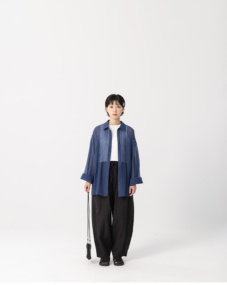 Wrinkled textured sheer wide-sleeved shirt - dark blue【01025831】in stock+pre-order