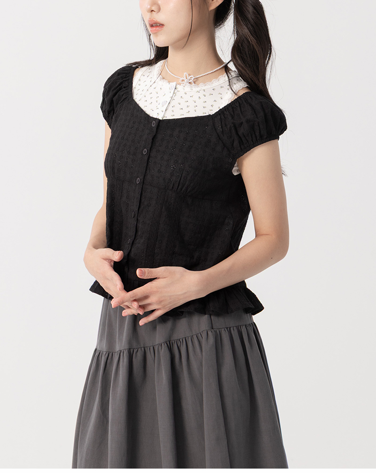 Lotus leaf jacquard button-down short-sleeved top, available in two colors.【01099701】in stock+pre-order