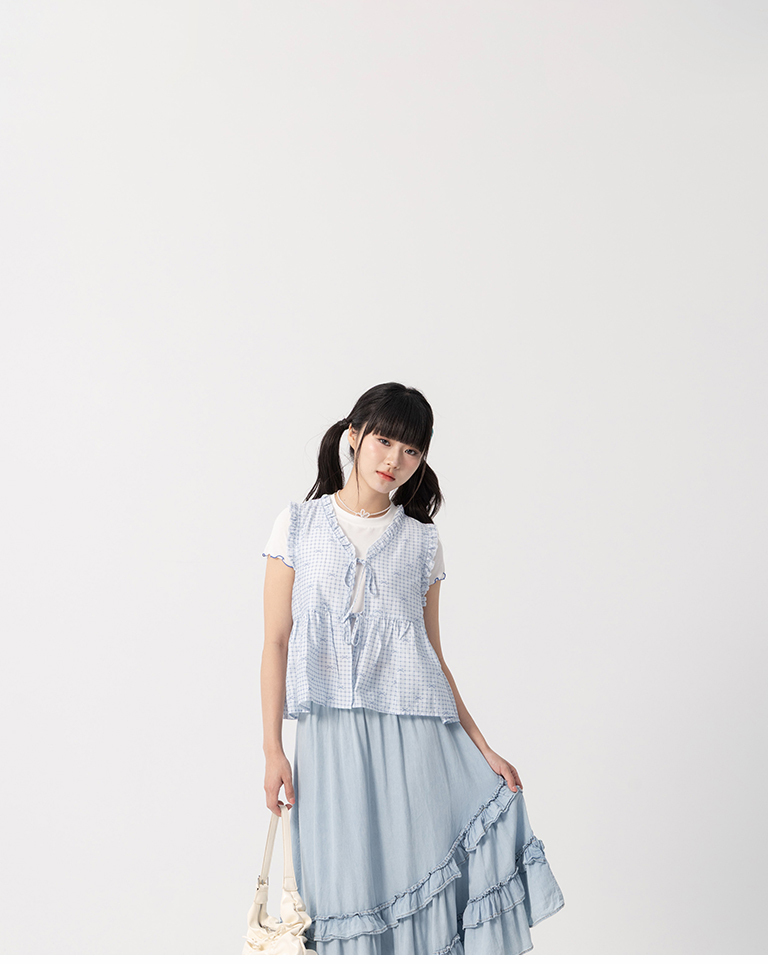 Checkered ruffled design tie-up blouse vest, available in three colors【01099777】in stock+pre-order