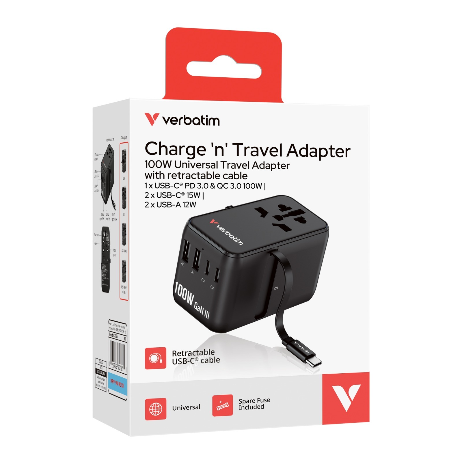 Charge 'n' Travel 100W 通用旅行轉插 (附USB-C可伸縮充電線)