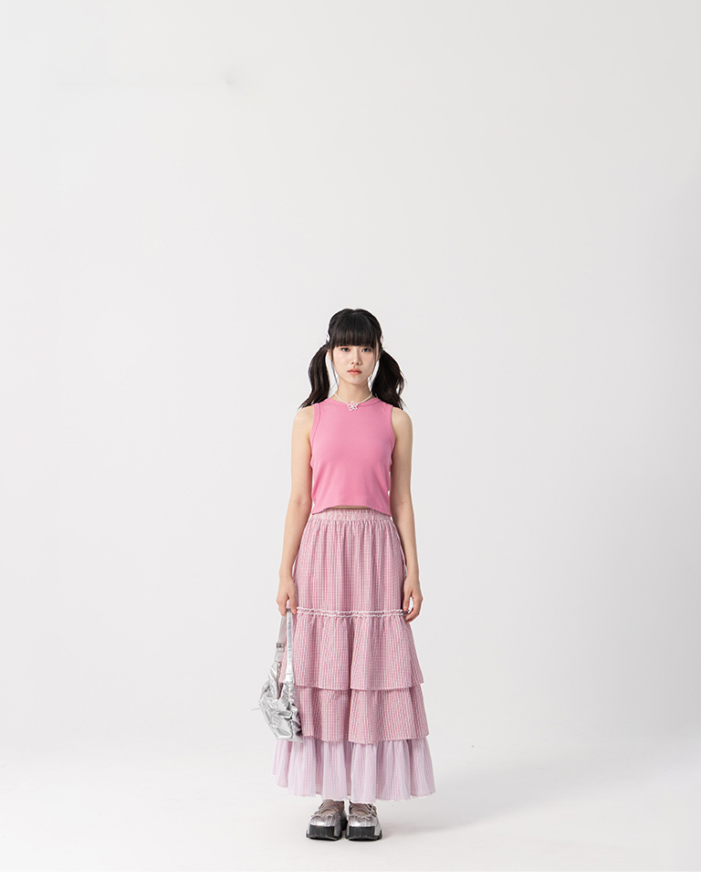 Basic Plain Ribbed Fitted Slim Shoulder Tank Top - Pink S/M【01099855】in stock+pre-order