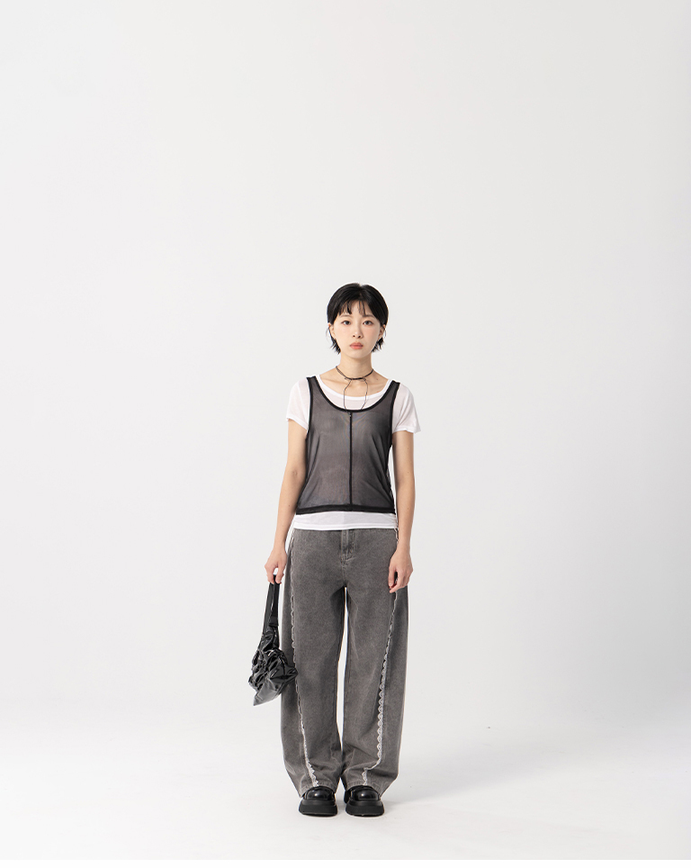 Simple two-piece sheer short-sleeved vest top - black【01140093】in stock+pre-order