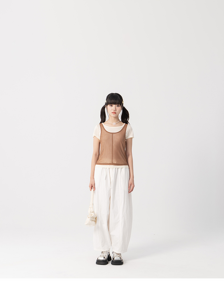 Simple two-piece sheer short-sleeved vest top - brown【01140094】in stock+pre-order