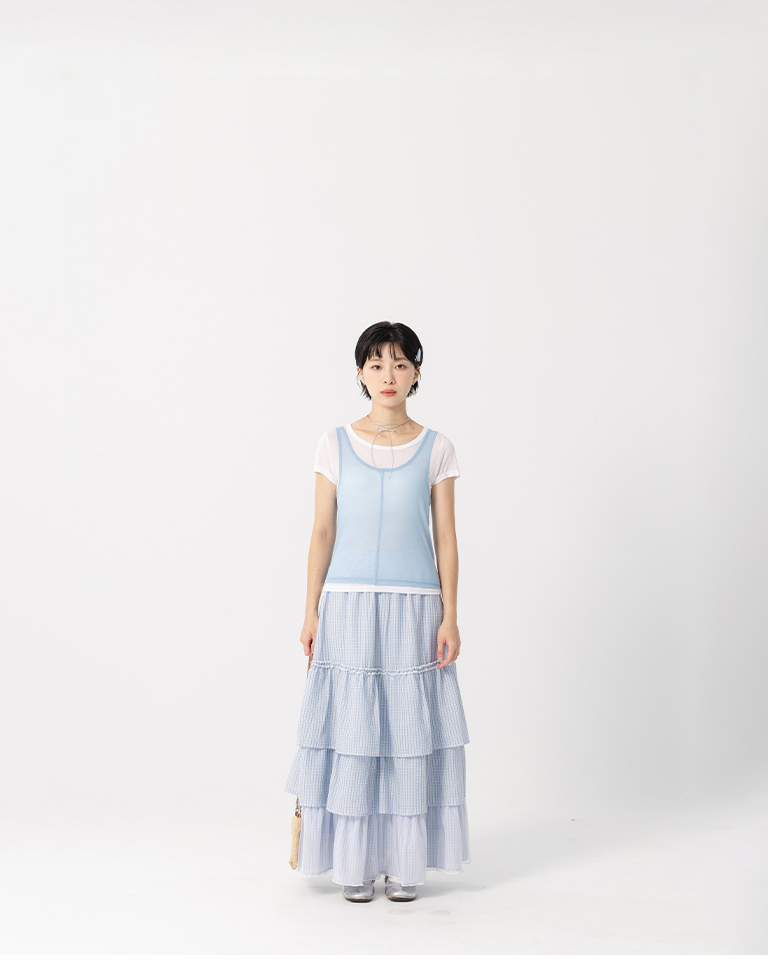 Simple two-piece sheer short-sleeved vest top - blue【01140095】in stock+pre-order
