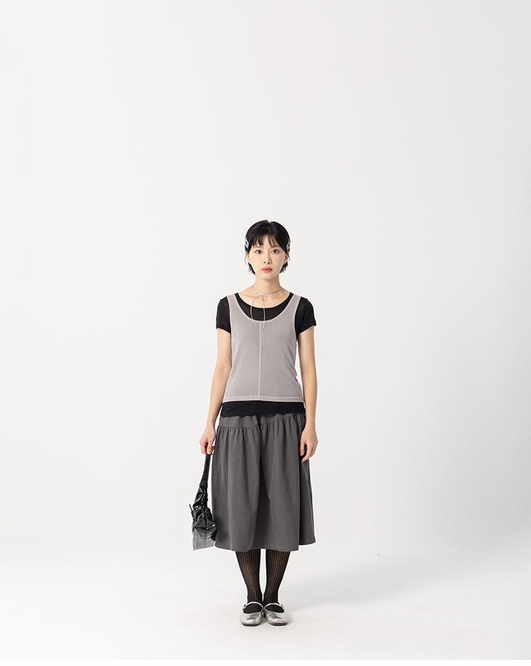 Simple two-piece sheer short-sleeved vest top - gray【01140096】in stock+pre-order