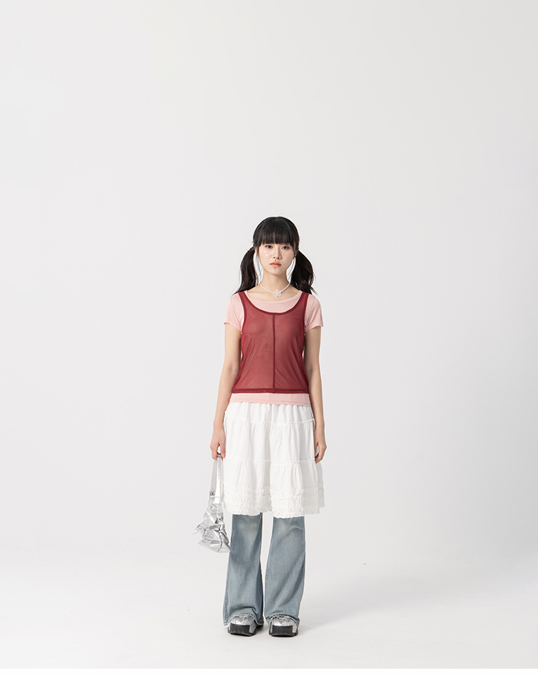 Simple two-piece sheer short-sleeved vest top - red【01140097】in stock+pre-order