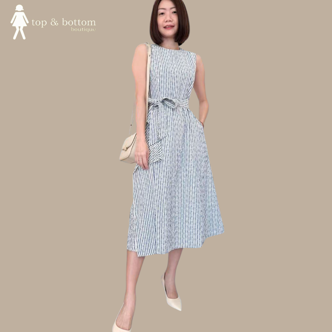 SLEEVELESS EMBROIDERED & STRIPED MIDI DRESS