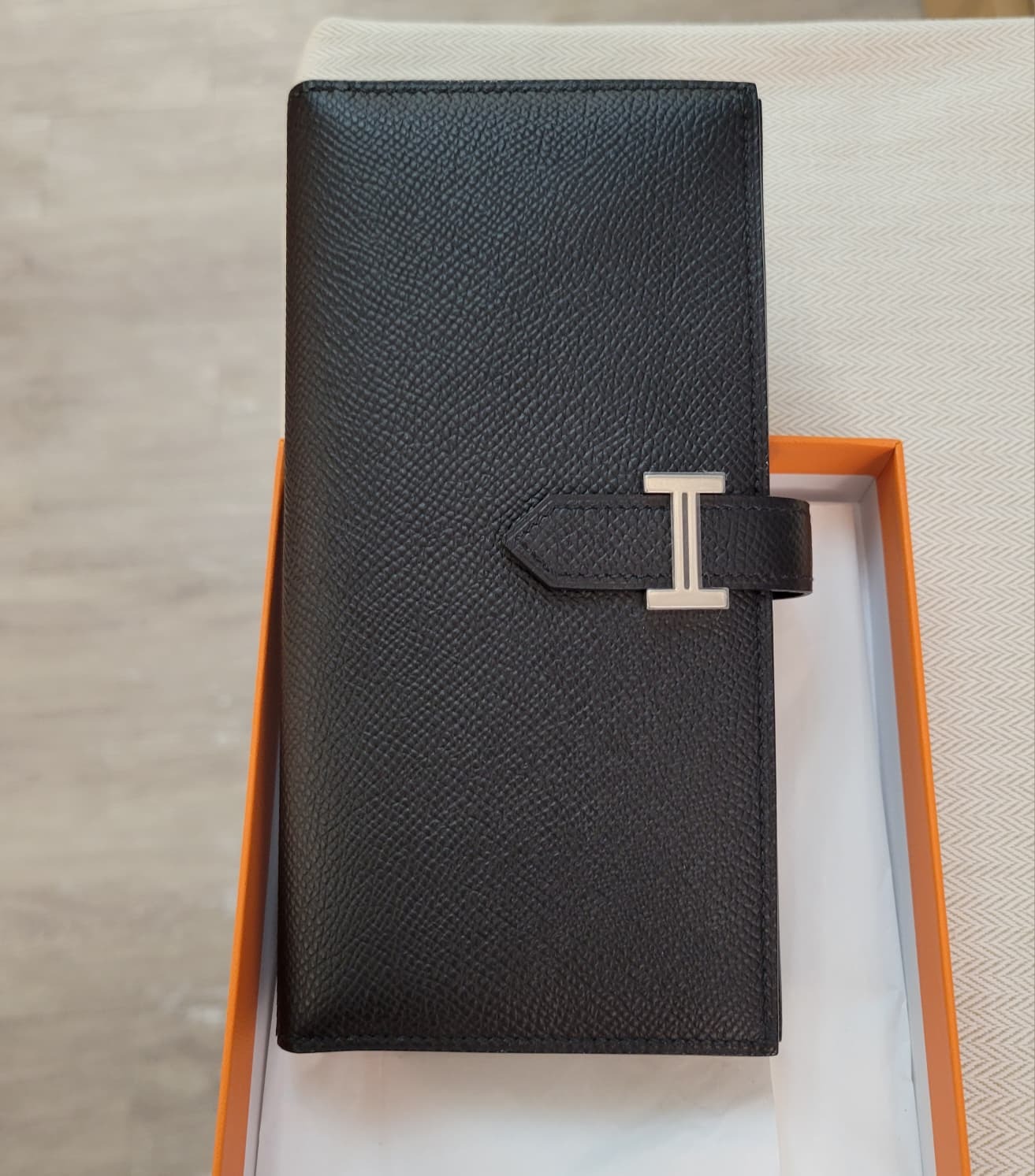 UNUSED HERMES BEARN WALLET NOIR CK EPSOM 長銀包 黑色 銀扣