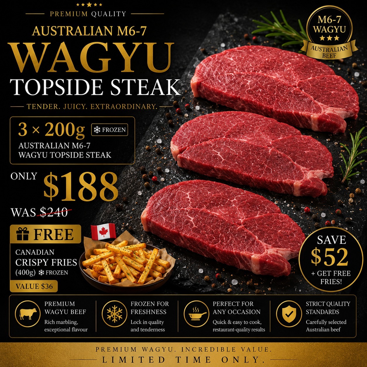 Australian M6-7 Wagyu Topside Steak Combo with Free Crispy Fries