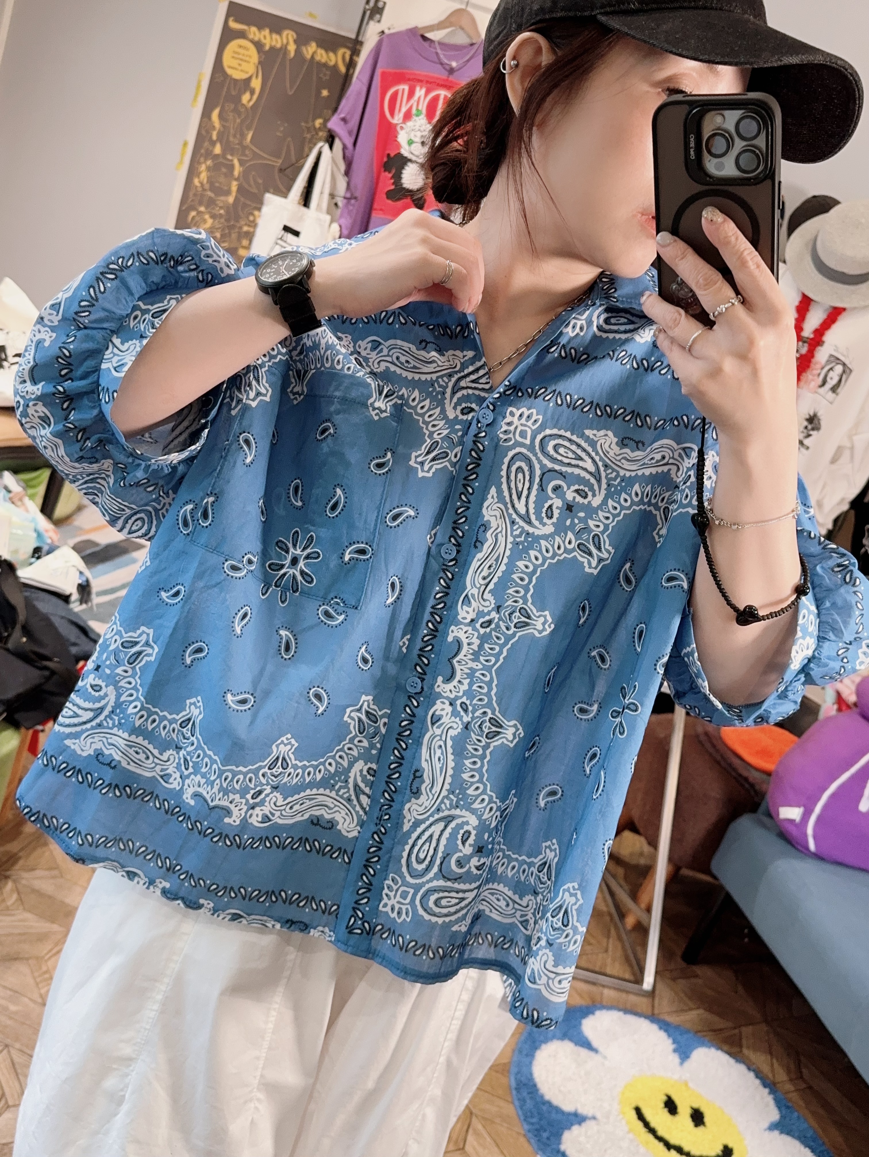 變形蟲圖騰膨袖襯衫