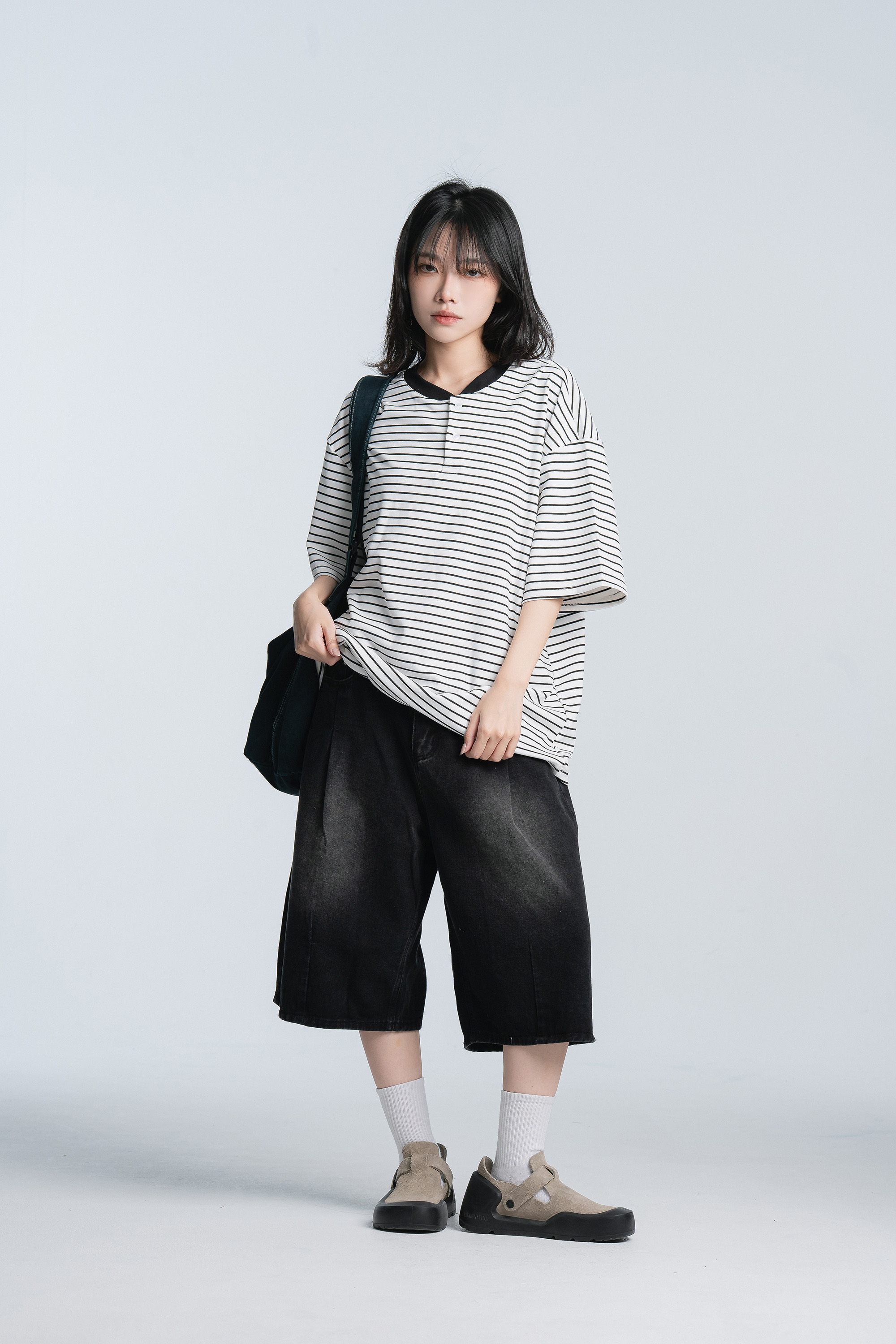 July｜半釦棒球領條紋短t 2色
