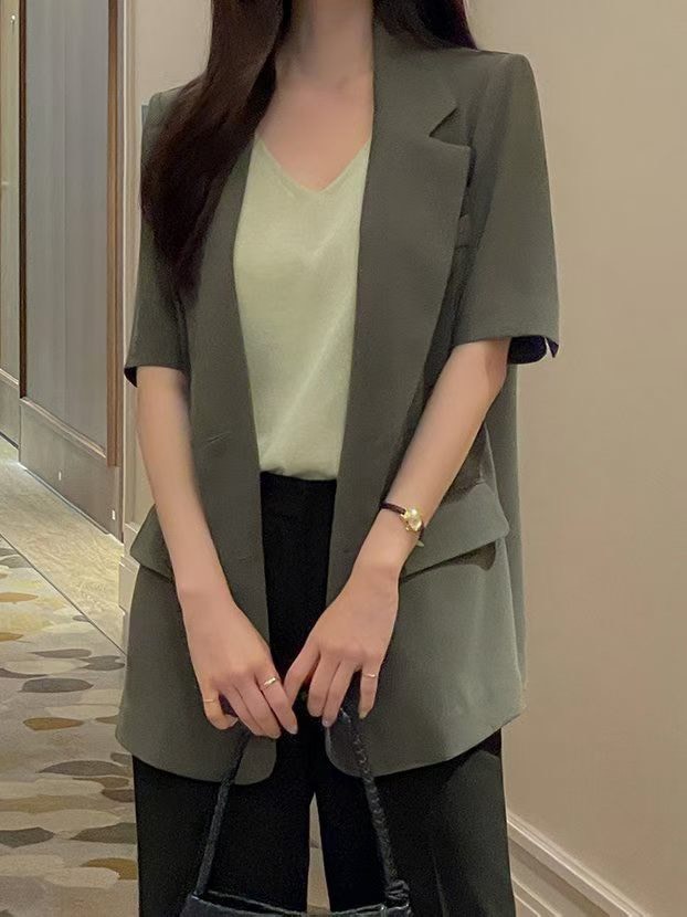 翻領背開衩西裝長版短袖外套