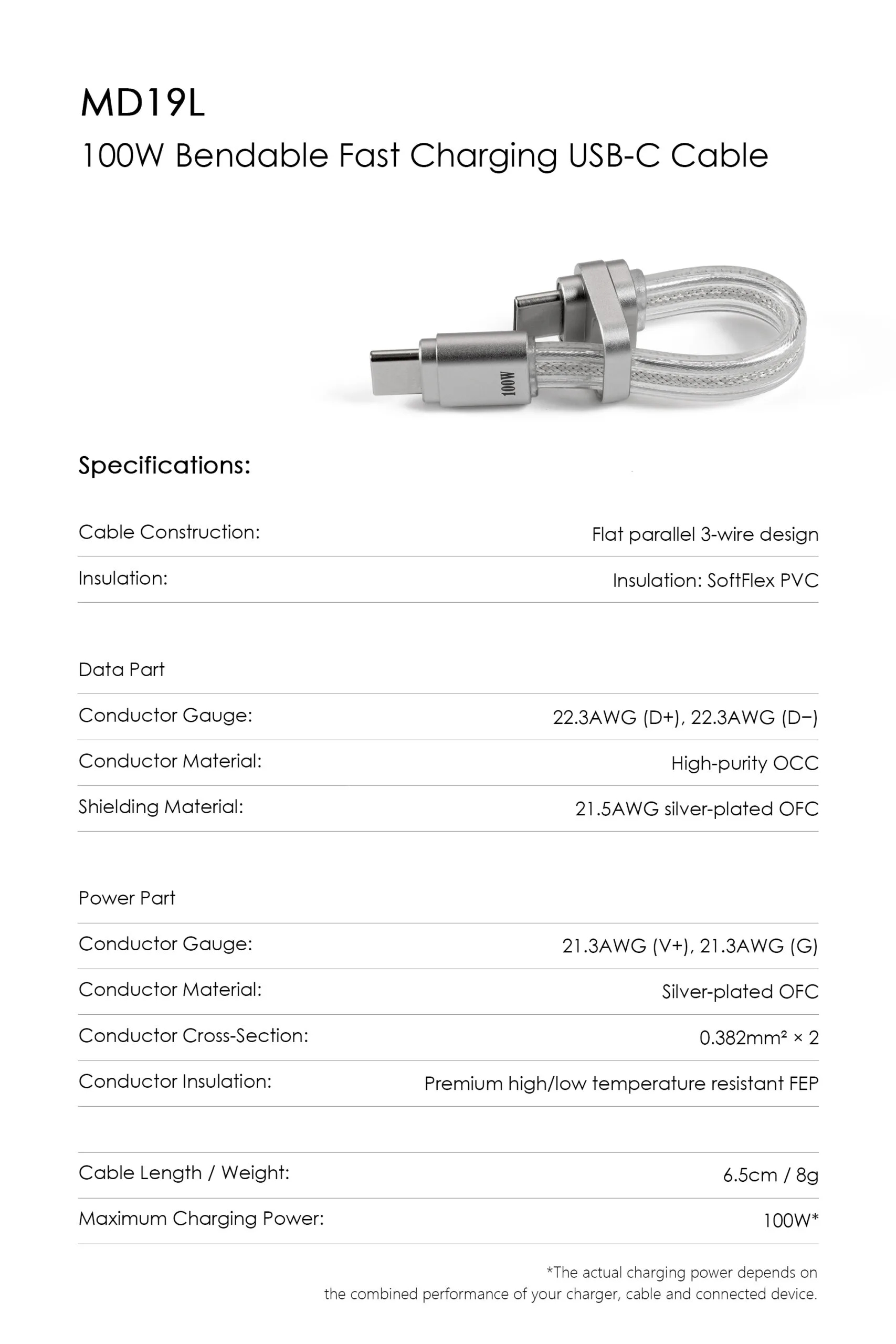 MD19L 100W Bendable Fast Charging USB-C Cable