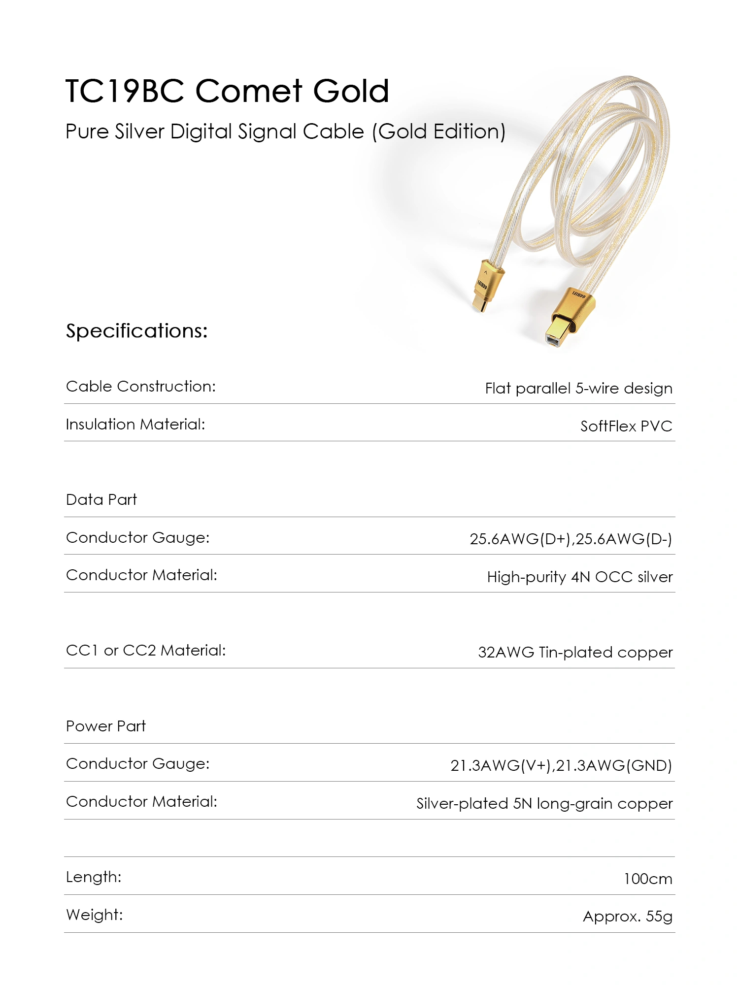 ddHiFi TC19BC Comet Gold Pure Silver Digital Signal Cable (Gold Edition)