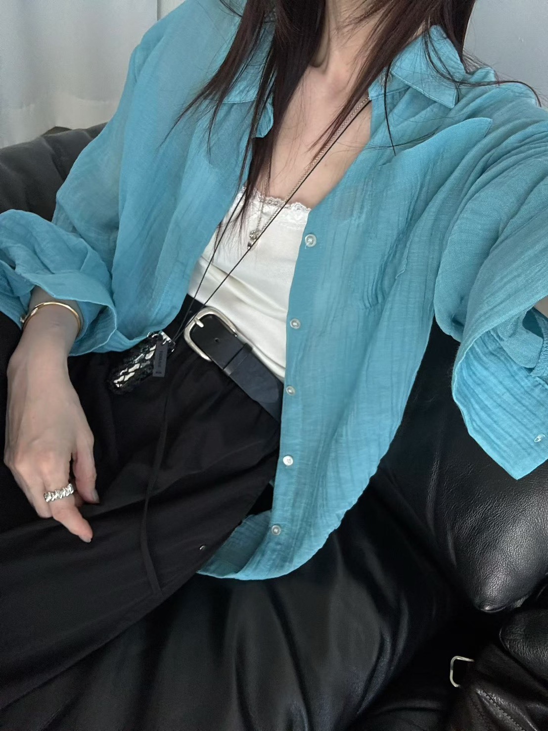 皺紋布休閒防曬襯衫