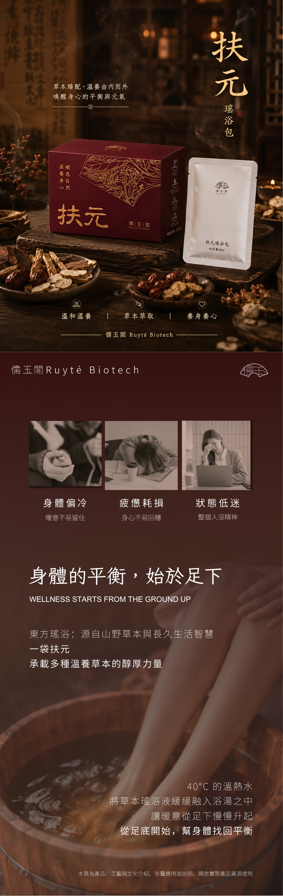 儒玉閣扶元瑤浴包溫養之境商品介紹長圖,酒紅色外盒與40ml白色內袋,搭配草本藥材、足浴木桶及疲憊狀態情境說明