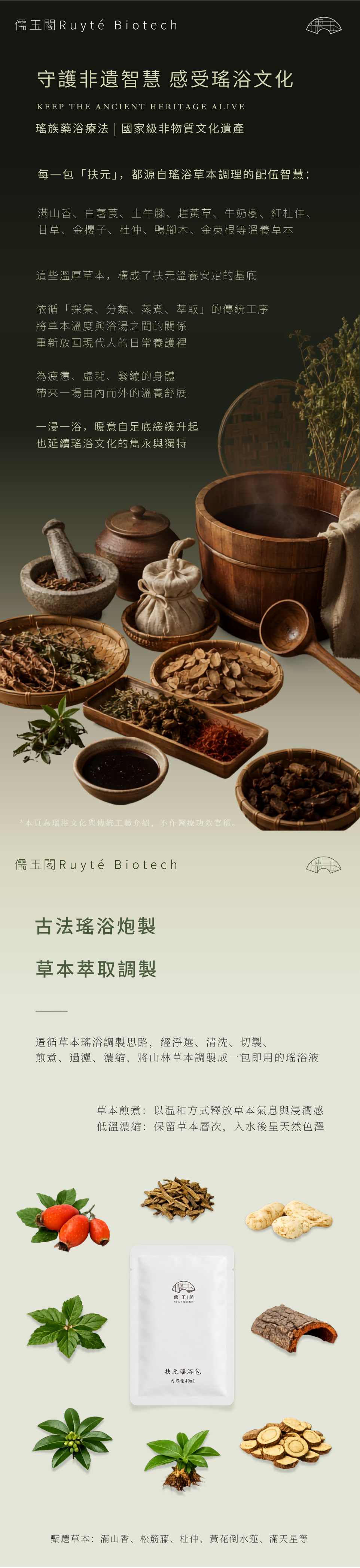 儒玉閣扶元瑤浴包草本配方與古法瑤浴製程,呈現山野草本、蒸煮萃取及40ml獨立內袋