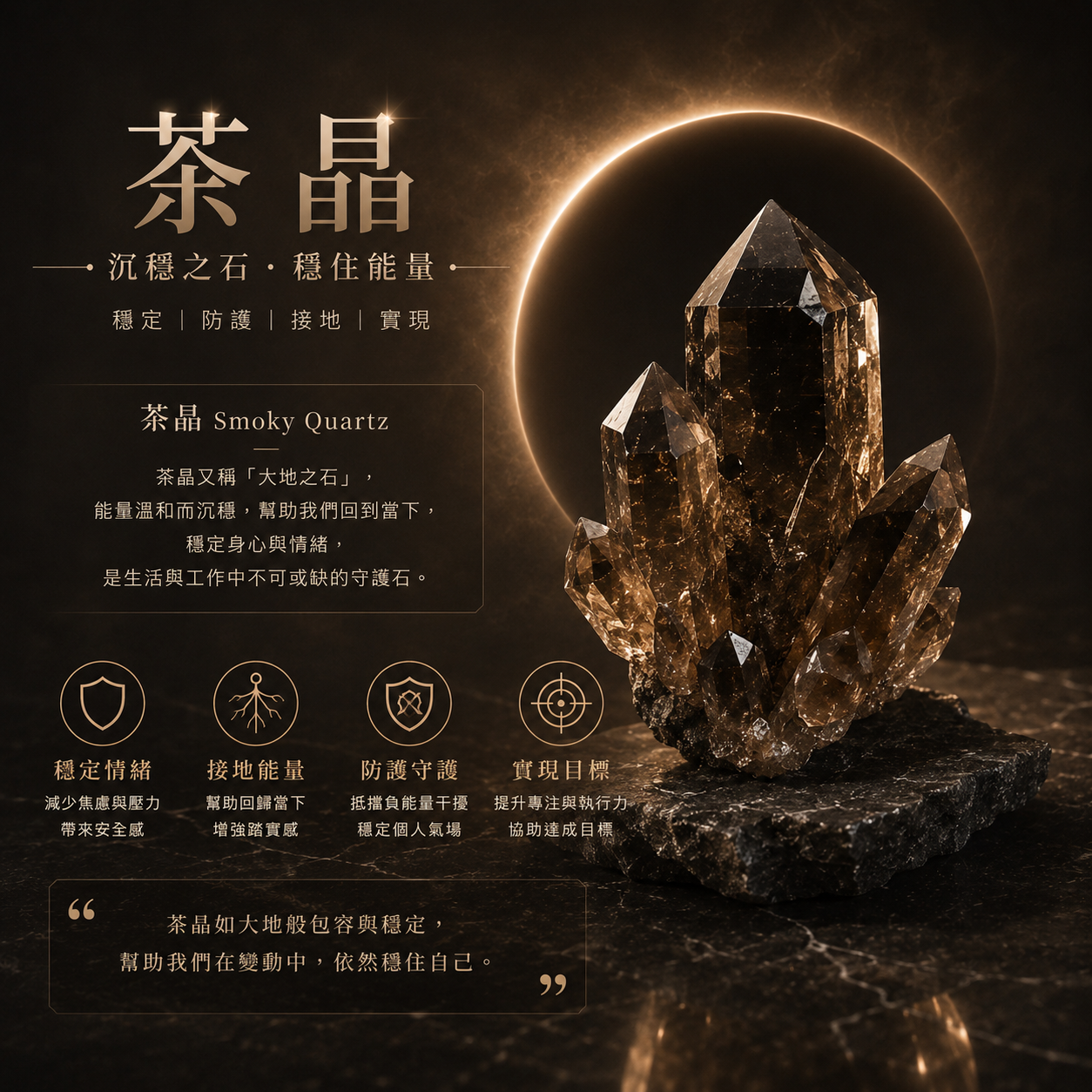 天然茶晶介紹圖，Smoky Quartz 茶晶以黑金月蝕風格背景呈現，主打穩定情緒、接地能量、防護守護與幫助實現目標的水晶介紹電商圖